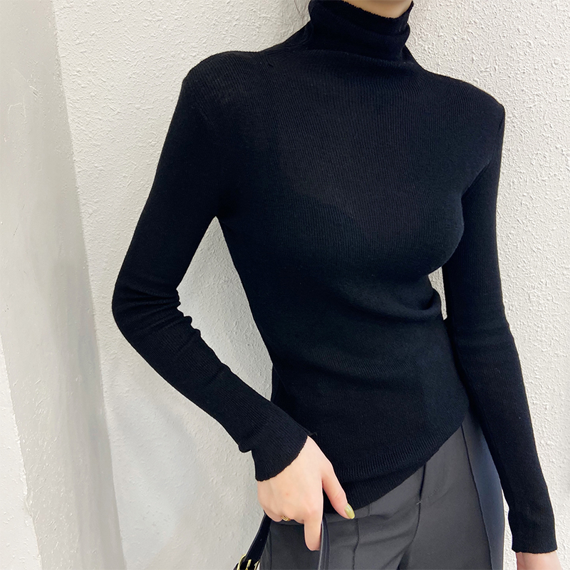 羊绒高领打底衫女秋冬薄款微透修身堆堆领针织衫贴身t恤内搭洋气 - 图0