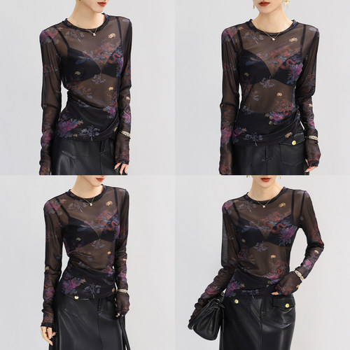 蕾丝打底衫女内搭黑色叠穿独特别致印花透明网纱上衣轻奢高级感薄 - 图2