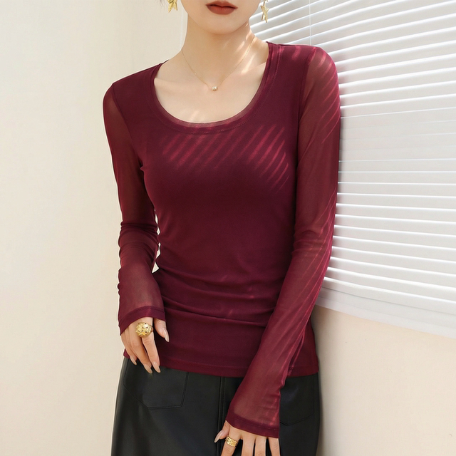 ເສື້ອຢືດຕໍ່າຫູກສອງຊັ້ນ mesh lace bottoming shirt 2026 ແບບໃໝ່