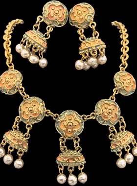 阿加/莎法产中古打标耳夹项链手链套装稀有套装珐琅釉琉璃珍珠