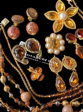 Vintage美拉德色系中古饰品重工琉璃项链耳夹琉璃胸针大冰糖耳饰