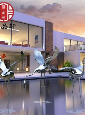 售楼部户外水景不锈钢仙鹤景观雕塑酒店水池金属火烈鸟大型摆件