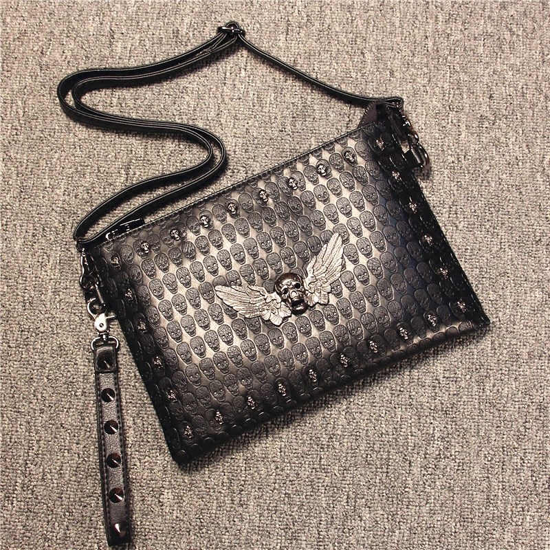 男韩版潮社会骷髅头铆钉欧美斜跨包 焱潮男士包袋