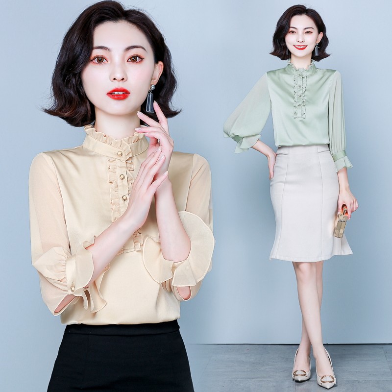 雪纺2020秋季新款木耳边气质衬衫 乔凝蕾丝衫/雪纺衫