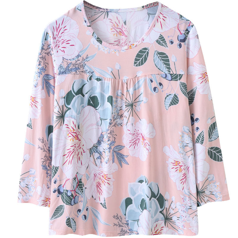 老年人棉绸睡衣女上衣单件长袖妈妈夏季可外穿宽松家居服大码圆领 - 图0