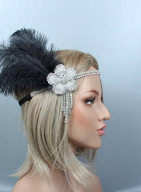 Vintage Party Headpiece Beaded Flapper Hair Feather Headband
