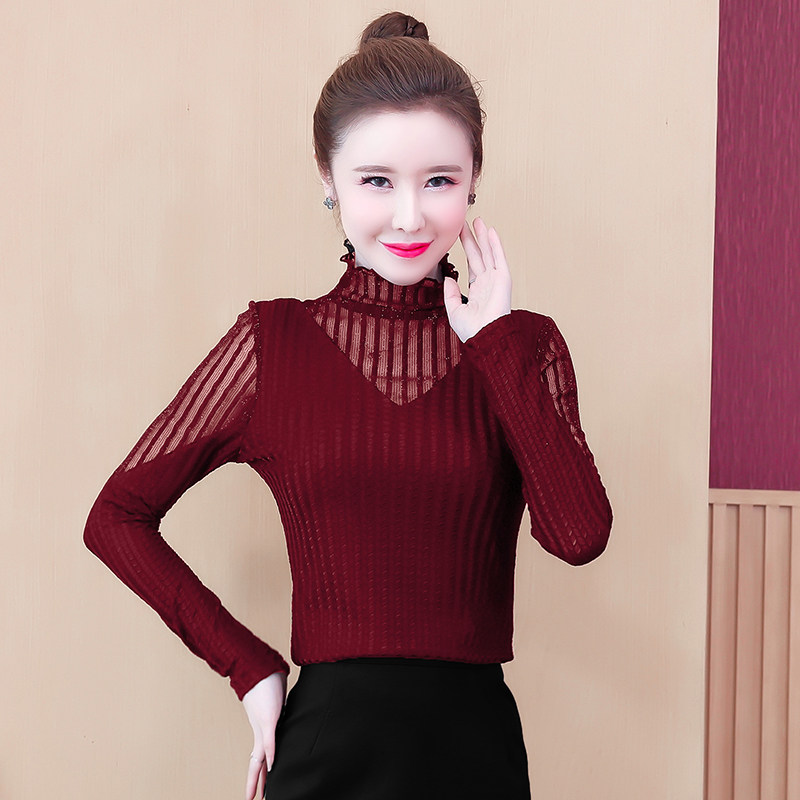 高领蕾丝小衫女士内搭网纱收腰t恤 月瑞雅T恤