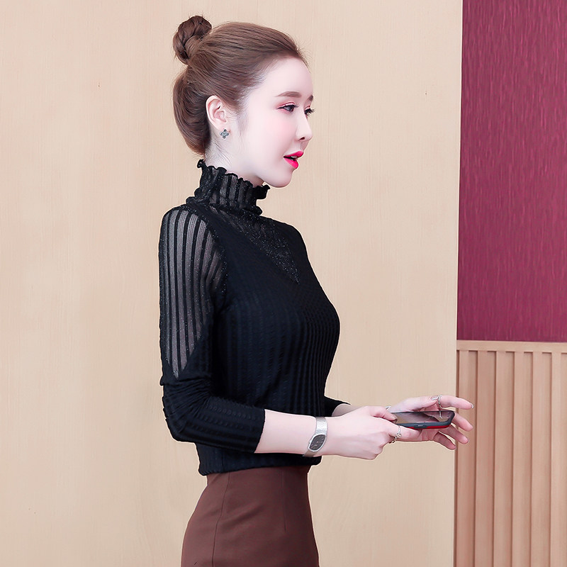 高领蕾丝小衫女士内搭网纱收腰t恤 月瑞雅T恤