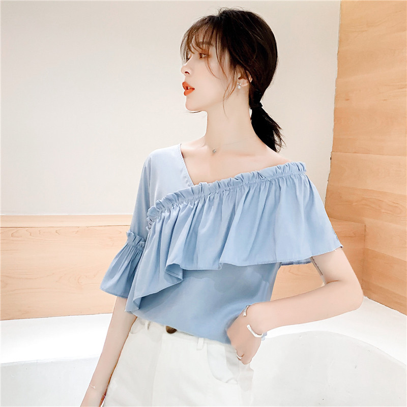 斜肩设计感小众2020年夏新款衬衫 月瑞雅蕾丝衫/雪纺衫