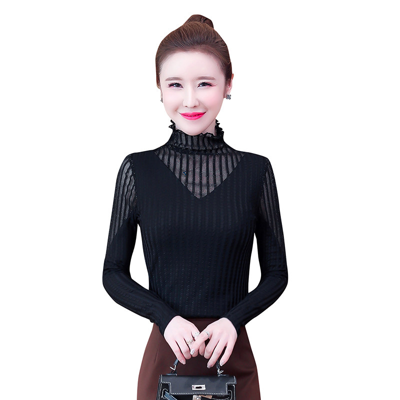 高领蕾丝小衫女士内搭网纱收腰t恤 月瑞雅T恤