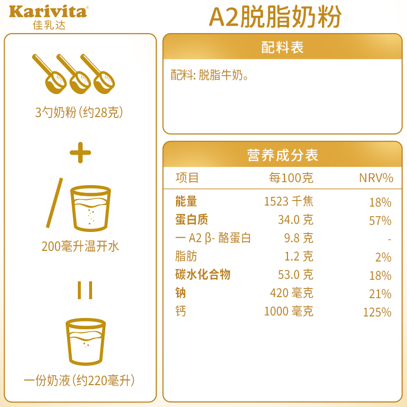 Karivita佳乳达A2脱脂奶粉 进口成人学生儿童中老年高钙纯牛奶粉 - 图3