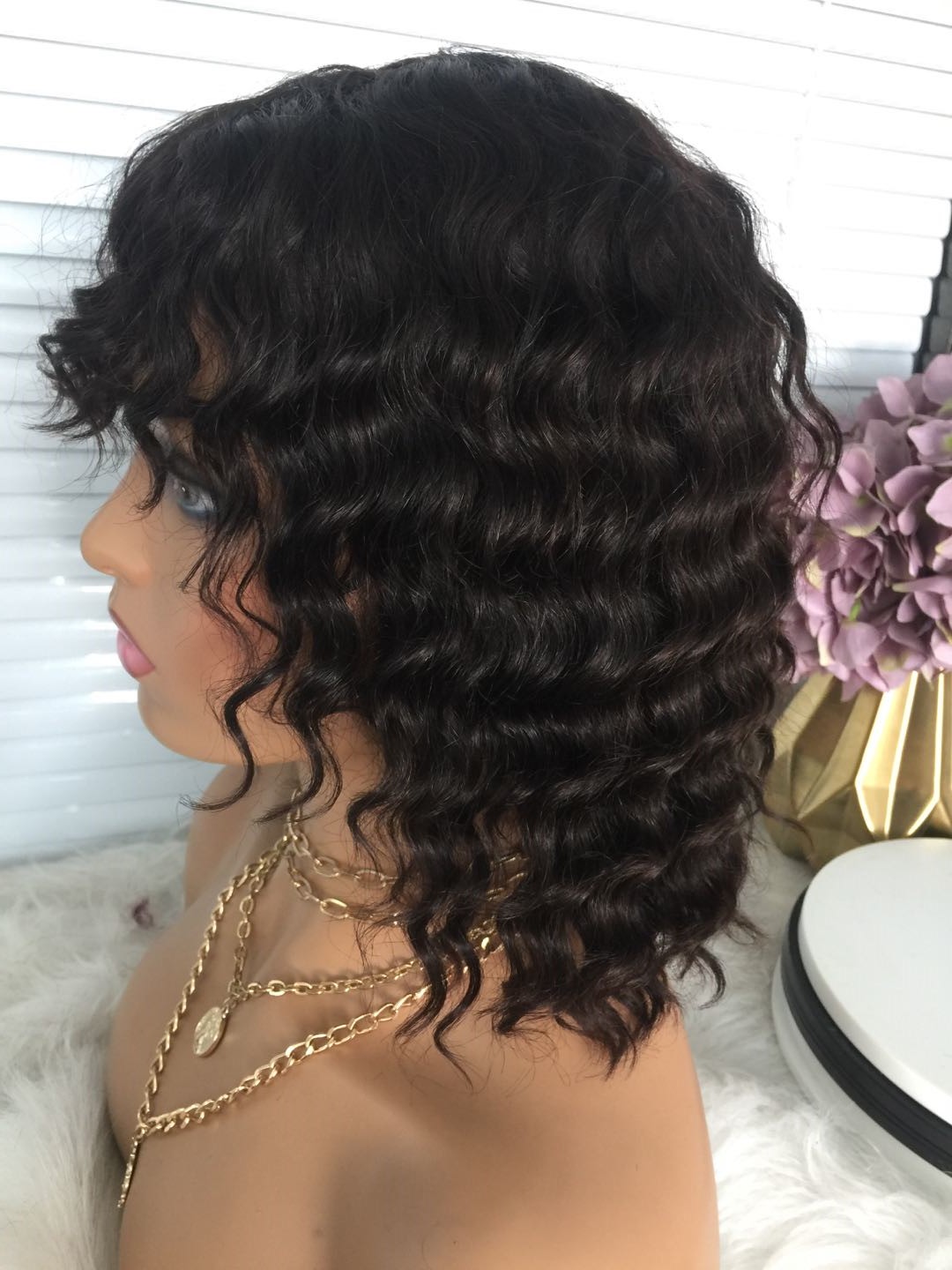 10A high quality peruvian hair deep wave wig with bangs 卷发 - 图2