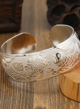 古韵民族风苗银手镯个性开口宽手环新中式古风贵州手工银饰镯子女