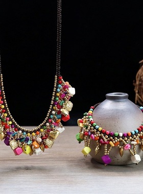 波西米亚民族风短款项链女锁骨链海星流苏方块脚链气质度假套装