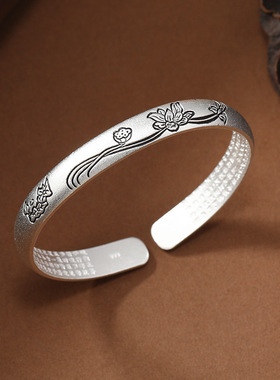 莲花经文银手镯女古韵实心开口古风哑光简约百搭民族风银杏叶镯子