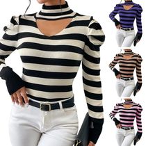 Womens V Neck Striped Knitted Sweater Puff Long Seleeve