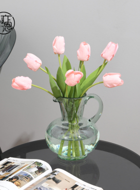 简约创意绿色气泡单耳壶玻璃花瓶摆件客厅插花水培鲜花网红北欧风