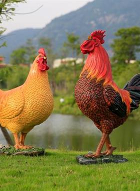 仿真动物摆件树脂工艺品玻璃钢公鸡母鸡雕塑农家乐饭店庭院装饰品