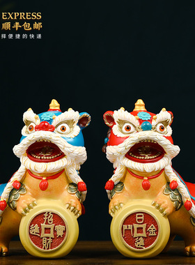 铜醒狮摆件一对开业乔迁礼品