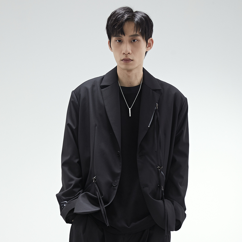 DIMC拉链飘带通勤西服上衣 潮流垫肩秋季休闲黑色宽松男女西装外,淘宝优惠券,粉丝福利购,淘宝优惠卷
