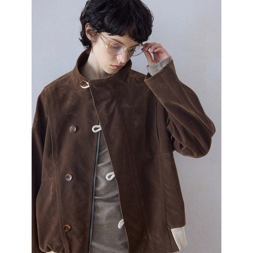 DIMC女装miu系麂皮棉绳扣夹克复古巴恩风哈灵顿立领夹克 - 图1