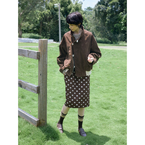 DIMC女装miu系麂皮棉绳扣夹克复古巴恩风哈灵顿立领夹克 - 图0