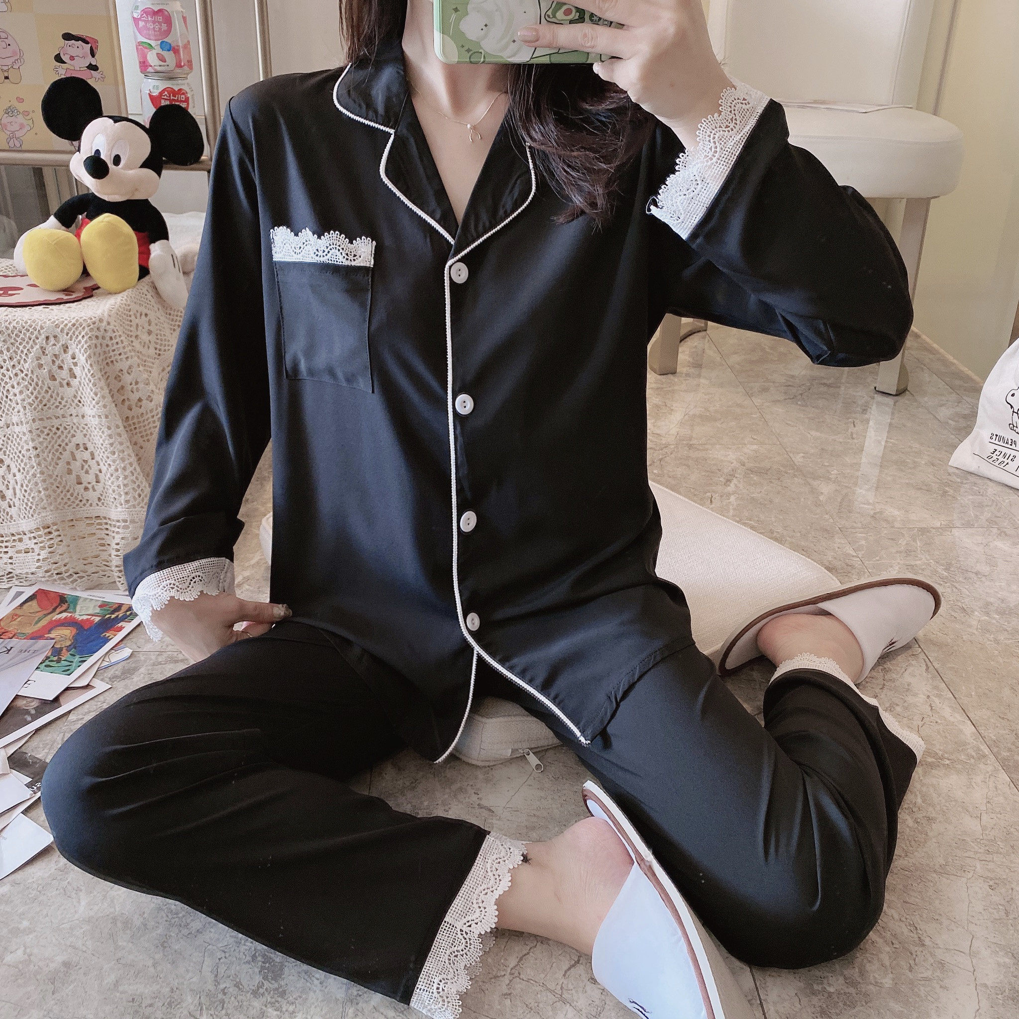 秋冬款仿真丝绸花边长袖长裤睡衣 音旨服饰睡衣/家居服套装