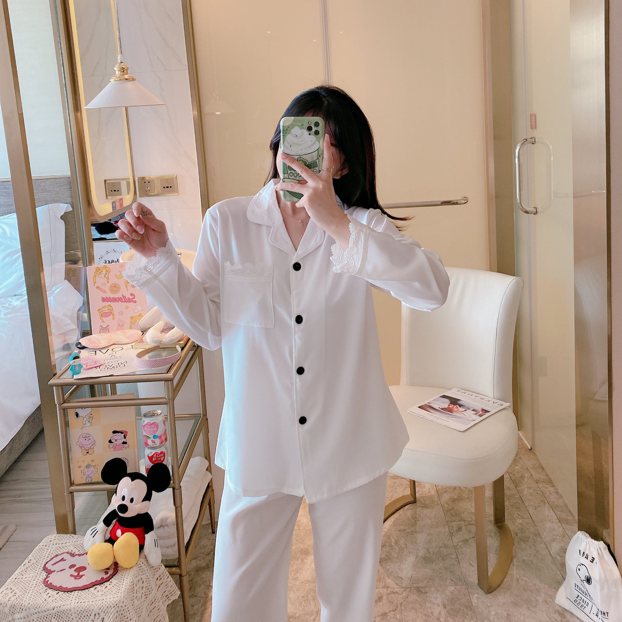 秋冬款仿真丝绸花边长袖长裤睡衣 音旨服饰睡衣/家居服套装