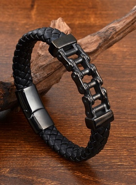 欧美不锈钢单车链条皮质皮革编织手镯 男士朋克真皮手链皮手环