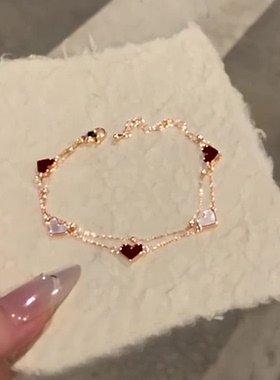 红色仿贝母爱心双层手链女士轻奢