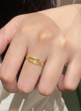 拉丝羽毛镶钻戒指复古爆闪新中式