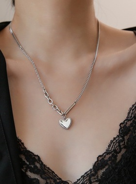 不掉色银色爱心不对称项链女百搭