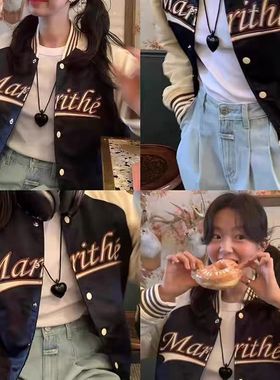 韩国fever皮质黑色爱心麻绳项链