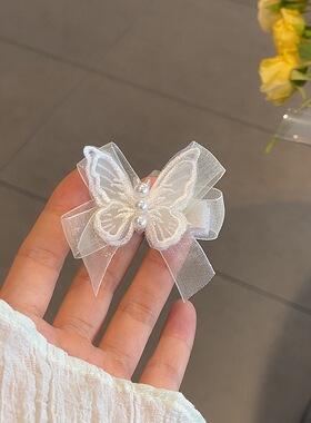 珍珠蝴蝶发夹小女孩头饰儿童蕾丝侧边夹ins风发卡高级感鸭嘴夹子