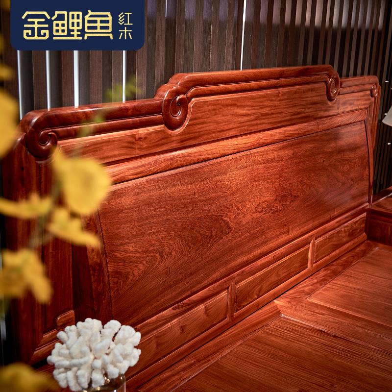 金鲤鱼 红木缅甸花梨大床新中式古典大果紫檀云悟双人床实木大床 - 图1