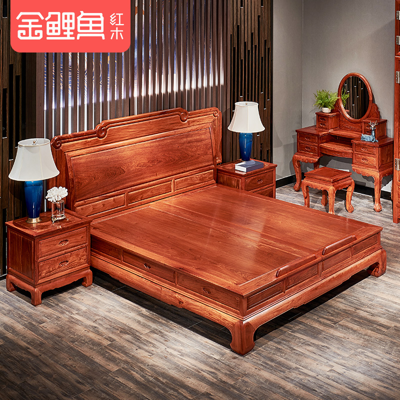 金鲤鱼 红木缅甸花梨大床新中式古典大果紫檀云悟双人床实木大床 - 图0