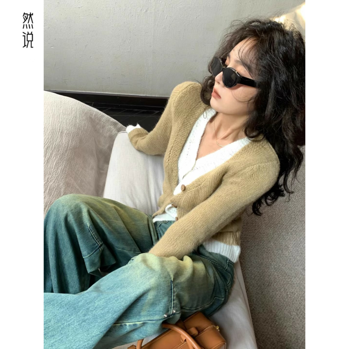 灰色假两件长袖v领毛衣针织衫开衫女春秋秋季短款慵懒风上衣早秋 - 图1