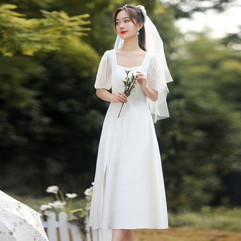 领证小白大码方领缎面显瘦轻夏裙子 美蓓可连衣裙