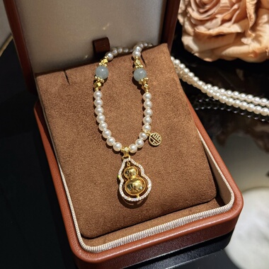 金店同款！鎏金镶钻葫芦珍珠项链