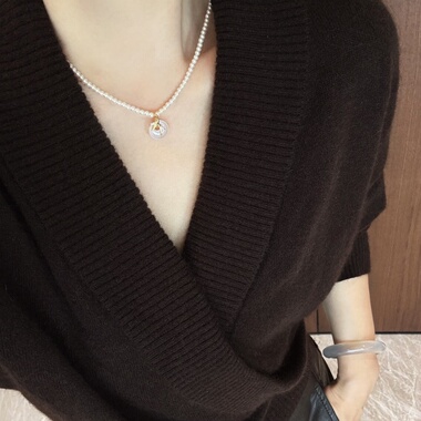 镶钻竹节玉髓平安扣3mm珍珠项链