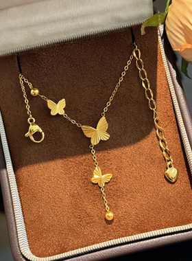 杨杨babytime 金店同款！金灿灿三只蝴蝶流苏项链亚金不掉色