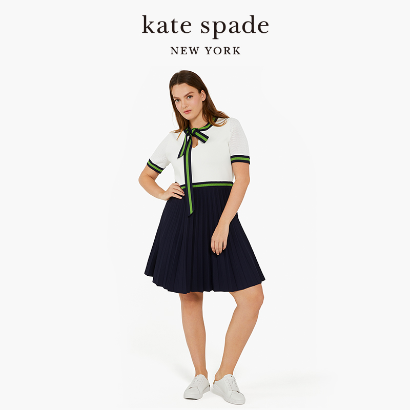 【2024新款】kate spade ks蝴蝶结领百褶毛衣连衣裙短袖学院风女-图0