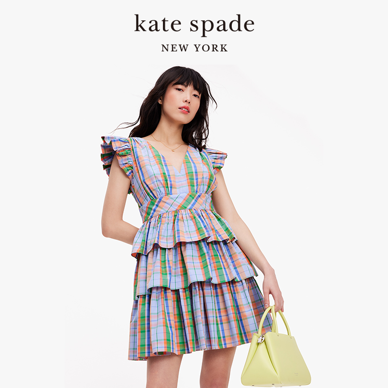 【2024新款】kate spade ks马德拉斯格纹蛋糕连衣裙度假出游精致-图0