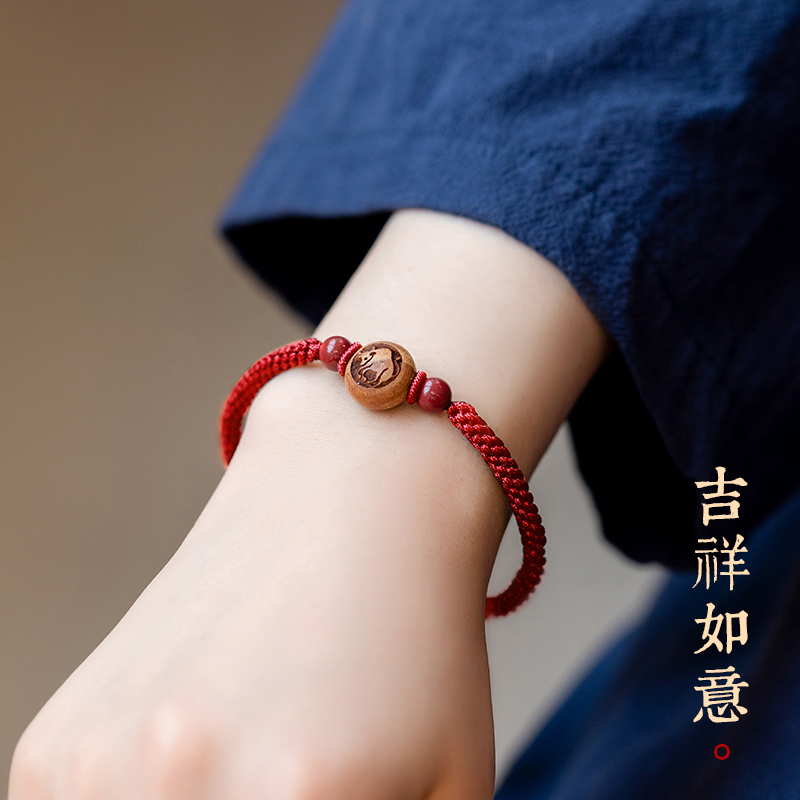 普陀山十二生肖桃木转运珠天然朱砂红绳手链女编织平安护身手绳男 - 图2