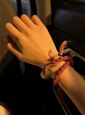 龙虎山朱砂山鬼花钱手链古朱砂手绳编绳铜钱太极八卦平安扣红绳