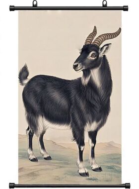 十二生肖黑山羊挂画领头羊家居乔迁装饰画防水防油免打孔卷轴画