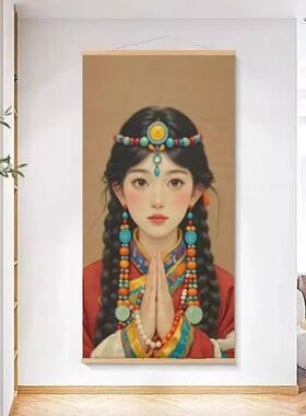 中式油画布卓玛挂画茶室书房装饰画民宿挂帘餐厅玄关挂画隔断帘