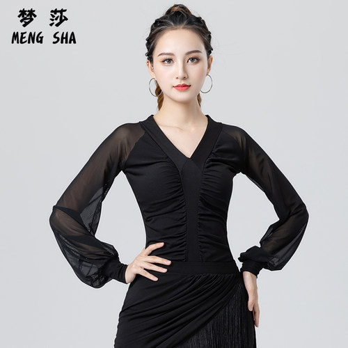 秋季摩登舞上衣女新款V领国标舞性感白色拉丁舞服连体舞蹈比赛服 - 图1
