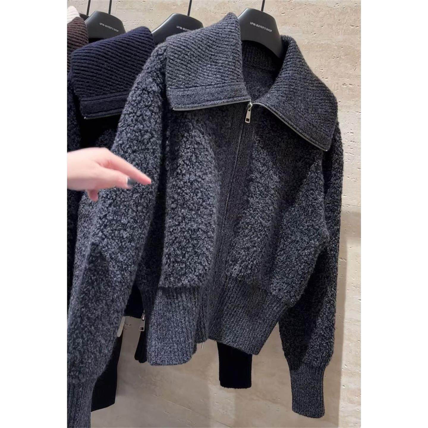 JOYIASS秋季慵懒风穿搭设计感小众拉炼翻领毛衣外套女显瘦宽松覆,淘宝优惠券,粉丝福利购,淘宝优惠卷