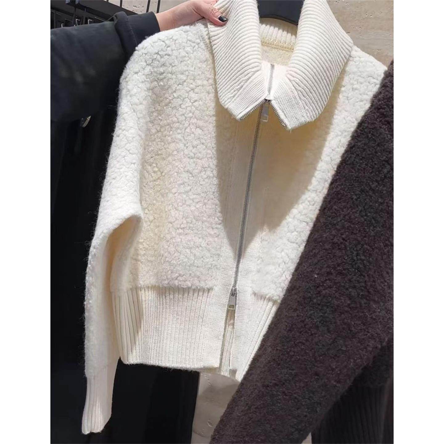 JOYIASS秋季慵懒风穿搭设计感小众拉炼翻领毛衣外套女显瘦宽松覆,淘宝优惠券,粉丝福利购,淘宝优惠卷